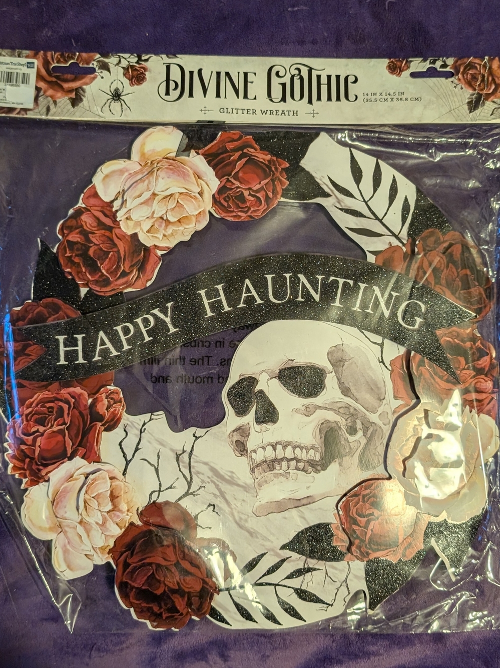 Divine Gothic Skull & Roses Glitter Wreath 15" Halloween Door Hanger New Sealed